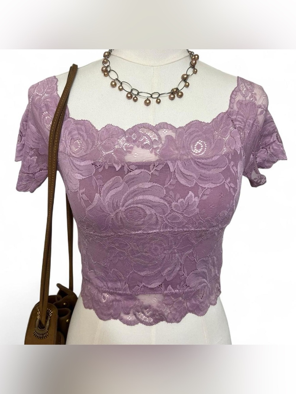 Pastel purple lace short sleeve top with floral design cottage fairy core boho